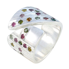 Savannah multicolor retro gemstone ring in silver with various colored stones set in a unique wrap design
