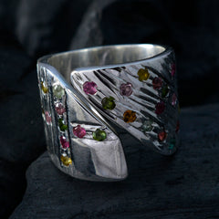 Savannah multicolor retro gemstone ring with colorful stones set in textured silver band