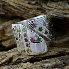 Savannah multicolor retro gemstone ring with green pink and yellow stones on silver band