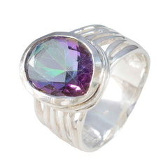Eliza silver band multicolor solitaire ring with faceted oval mystic stone and split shank design