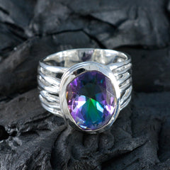 Eliza silver ring with oval purple green blue gemstone and split shank multicolor solitaire ring