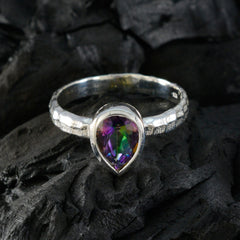 Violet silver ring featuring a pear-shaped multicolor solitaire ring with a textured band