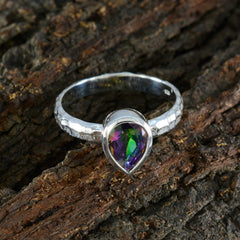 Violet multicolor solitaire ring with teardrop shaped gemstone on textured silver band