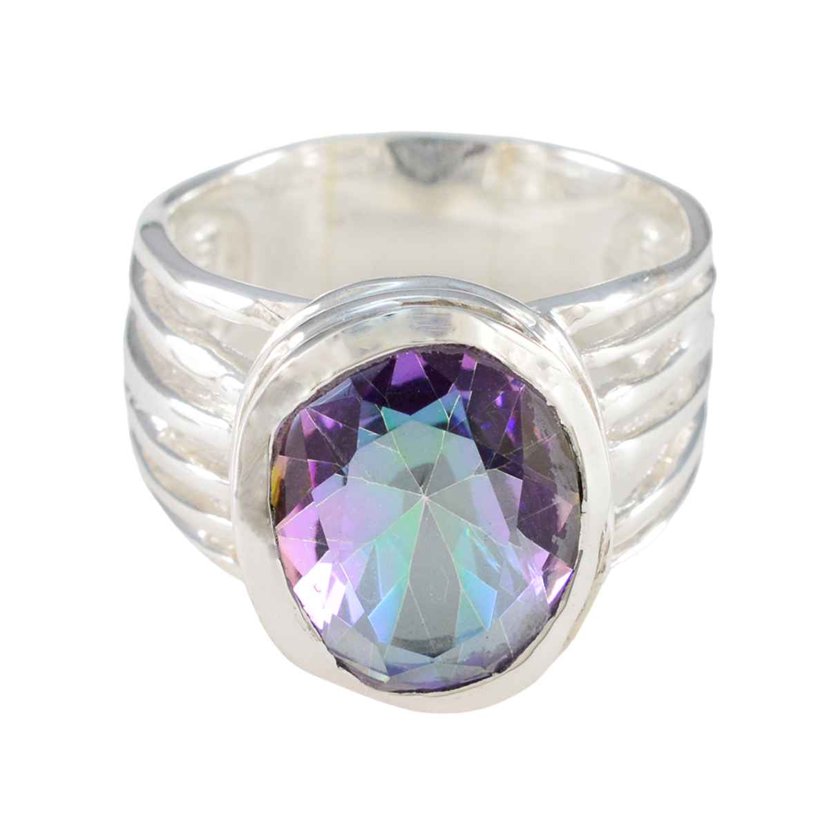 Eliza silver ring with large faceted multicolor stone and wide ribbed band multicolor solitaire ring