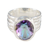 Eliza silver ring with large faceted multicolor stone and wide ribbed band multicolor solitaire ring