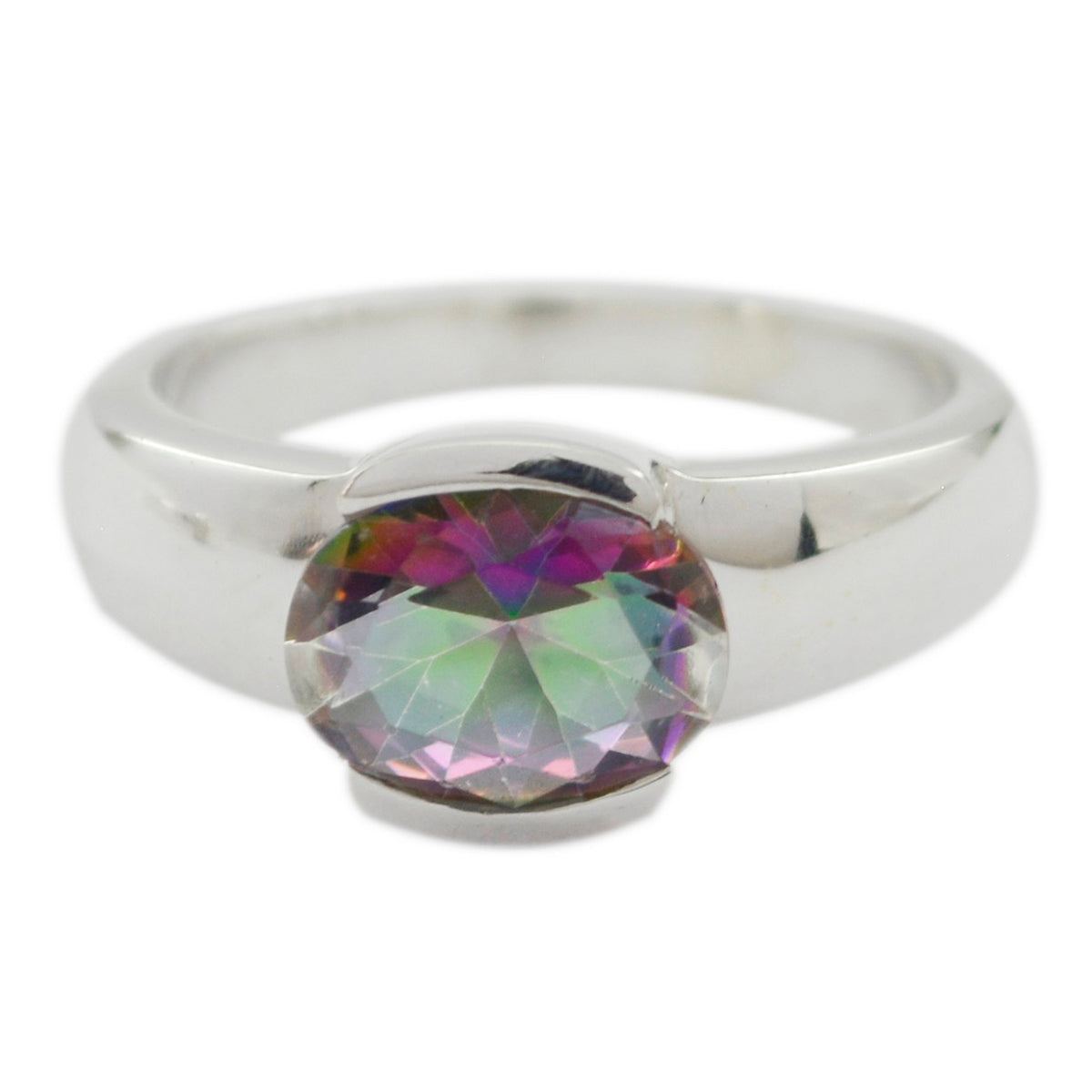 Kennedy Multicolor Solitaire Ring with Oval Gemstone Mystic Quartz Multicolor