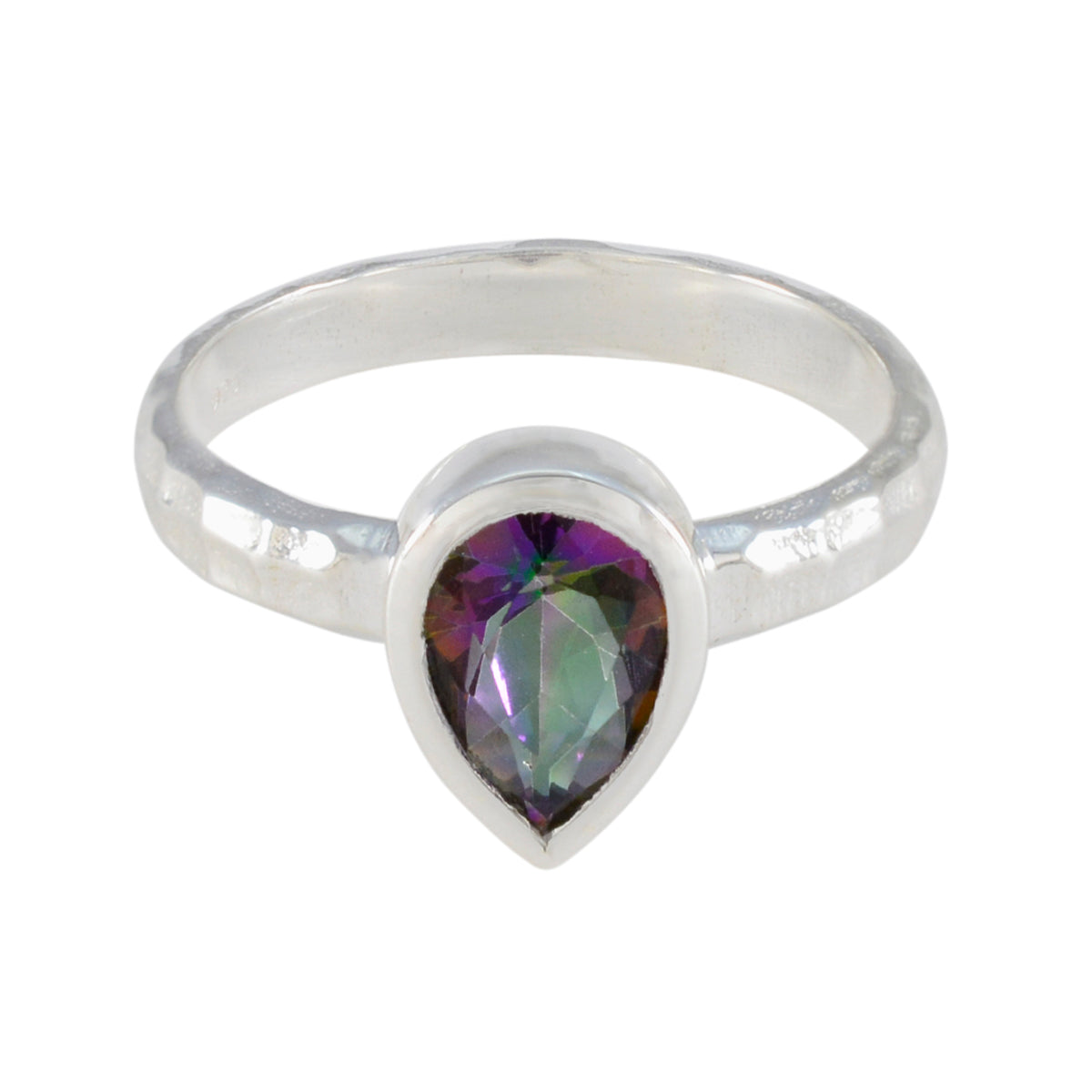 Violet multicolor solitaire ring with teardrop-shaped gemstone set in silver band