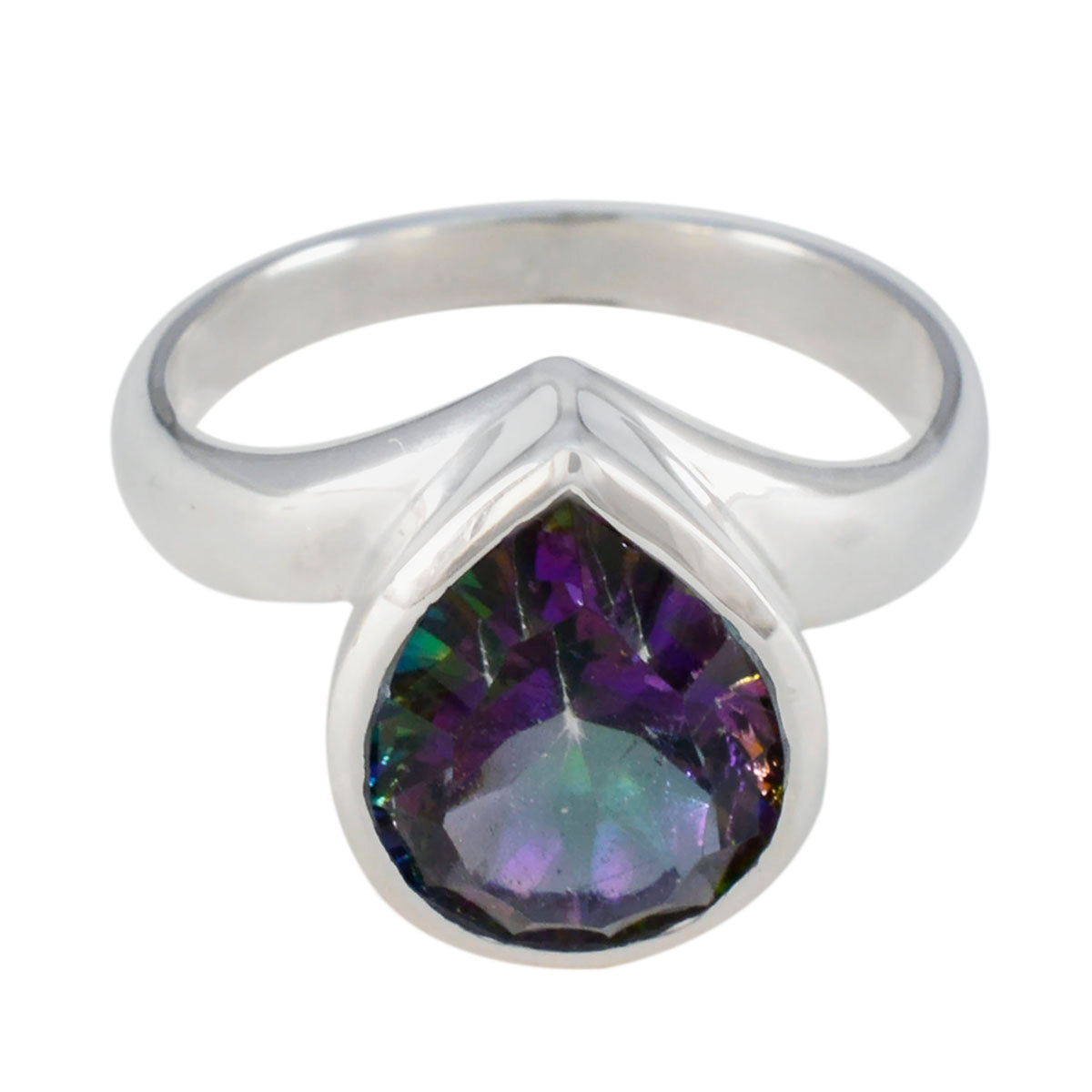 Julieta silver ring with pear-shaped multicolor solitaire ring stone featuring green and purple hues