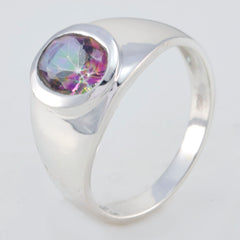 Bella sterling silver multicolor solitaire ring with bezel set round faceted mystic topaz and polished band