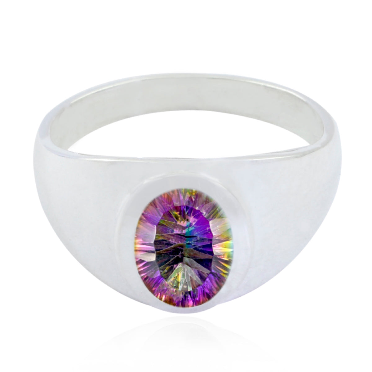 Bella silver ring with oval mystic cubic zirconia gemstone multicolor solitaire ring on polished band