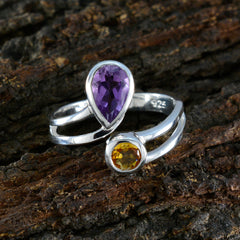 Ines multicolor toi et moi ring with purple and yellow gemstones set in silver band
