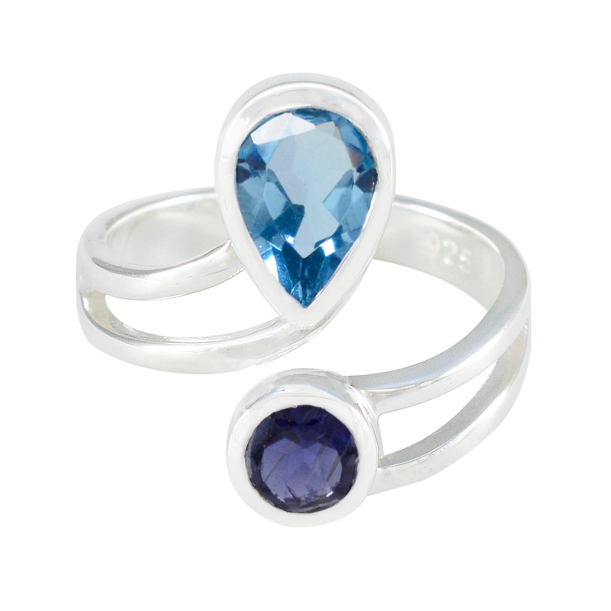 Ivy silver multicolor toi et moi ring with blue pear-shaped and round purple gemstones