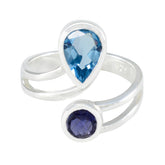 Ivy silver multicolor toi et moi ring with blue pear-shaped and round purple gemstones