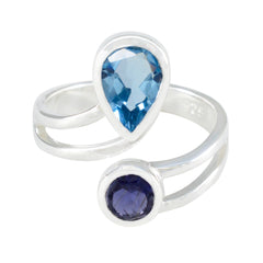 Ivy silver multicolor toi et moi ring with blue pear-shaped and round purple gemstones