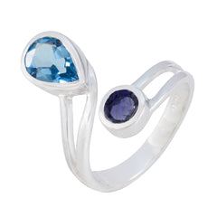 Ivy multicolor toi et moi ring with pear-shaped blue and round dark blue gemstones in silver band