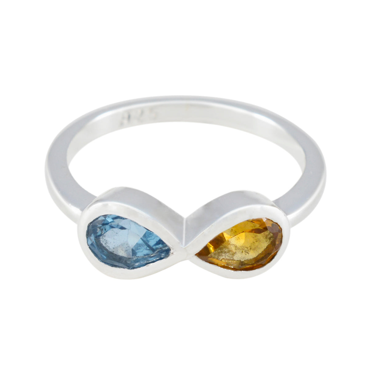 Jia multicolor toi et moi ring with blue and yellow gemstones set in silver band