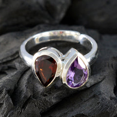 Pauline multicolor toi et moi ring with red and purple teardrop gemstones set in silver band
