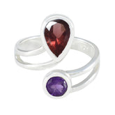 Florencia multicolor toi et moi ring with red teardrop and purple round gemstones in silver band