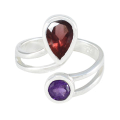 Florencia multicolor toi et moi ring with red teardrop and purple round gemstones in silver band