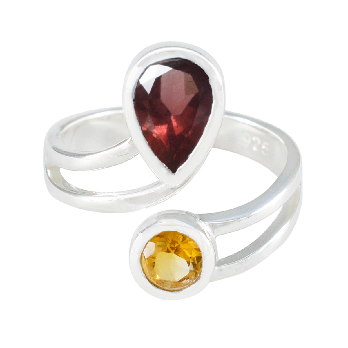 Araya multicolor toi et moi ring with pear-shaped red and round yellow gemstones set in silver band