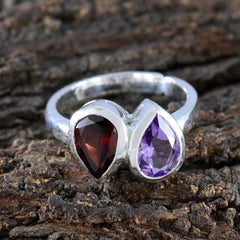 Pauline multicolor toi et moi ring with red and purple teardrop gemstones on silver band