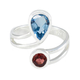 Siti multicolor toi et moi ring sterling silver open wrap with pear blue topaz and round red garnet
