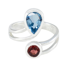 Siti multicolor toi et moi ring sterling silver open wrap with pear blue topaz and round red garnet