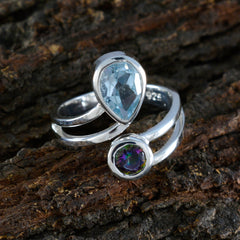 Harper sterling silver adjustable ring with pear shaped aquamarine and round mystic gem multicolor toi et moi ring