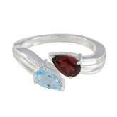 Freya multicolor toi et moi ring silver band with pear shaped light blue and red gemstones