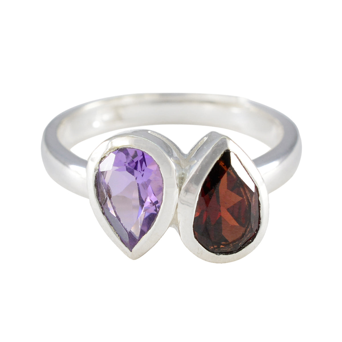 Pauline multicolor toi et moi ring with pear-shaped purple and red gemstones in silver band