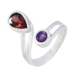 Florencia multicolor toi et moi ring with red and purple gemstones set in silver band