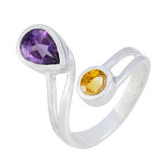 Ines silver multicolor toi et moi ring with purple and yellow gemstones in unique split band design