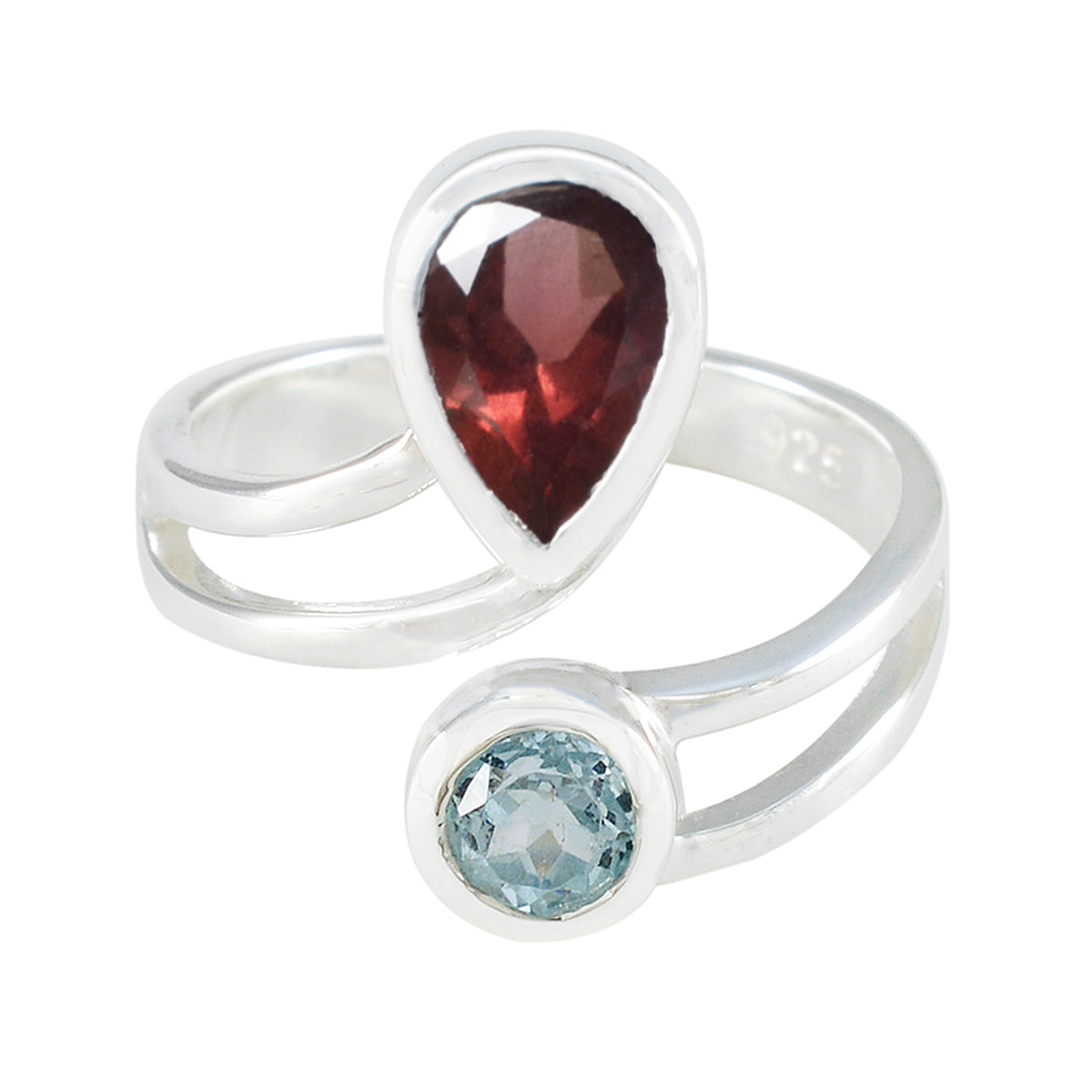 Isabelle silver multicolor toi et moi ring with pear-shaped red and round blue gemstones