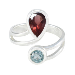 Isabelle silver multicolor toi et moi ring with pear-shaped red and round blue gemstones