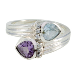 Ayesha silver multicolor toi et moi ring with pear shaped purple and light blue stones and diamond accents