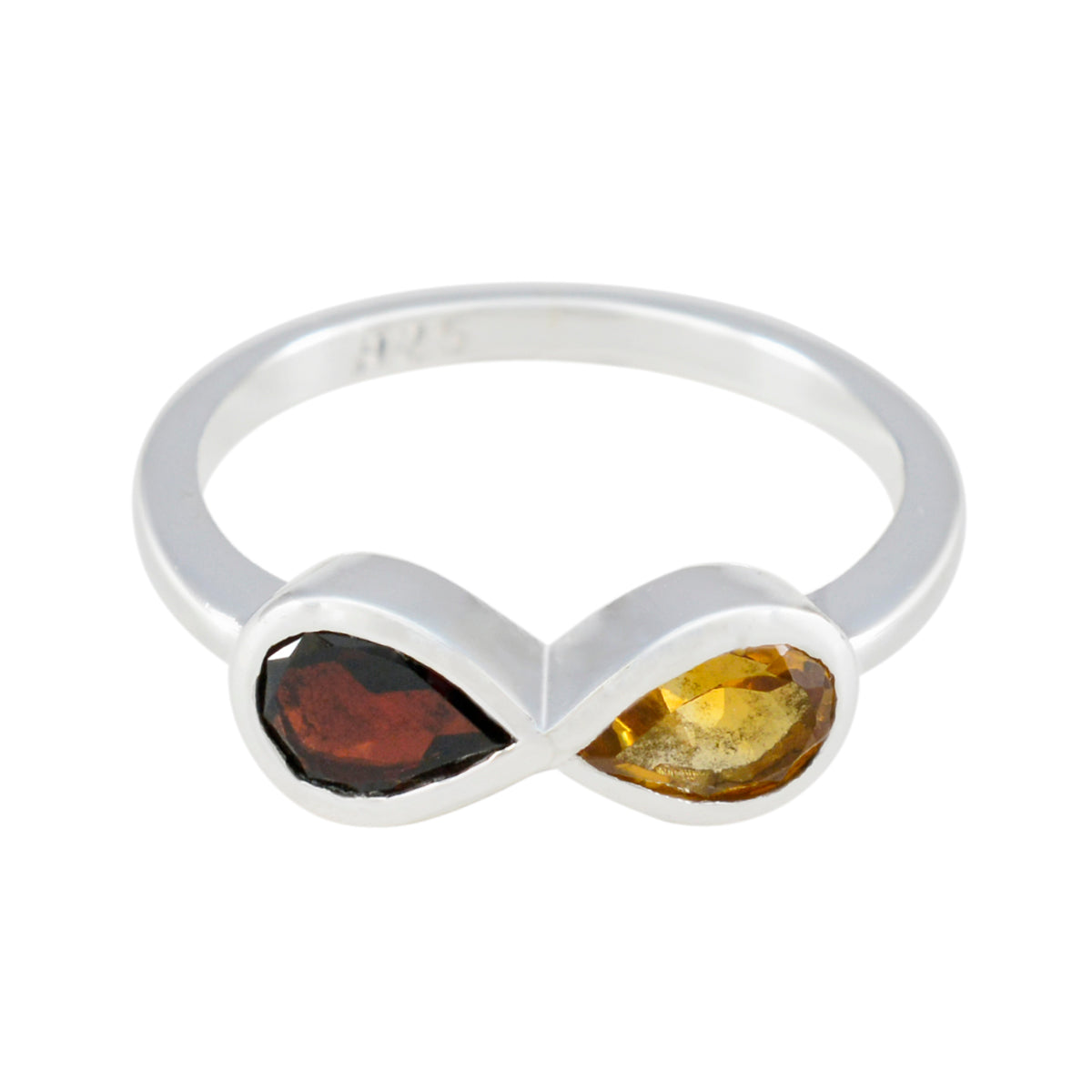 Hyejin silver ring with pear shaped red and yellow stones in infinity style multicolor toi et moi ring