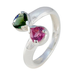Nisa multicolor toi et moi ring with pink and green heart shaped gemstones set in polished sterling silver band