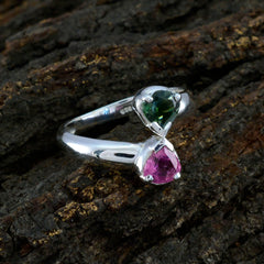 Nisa sterling silver multicolor toi et moi ring with heart shaped green and pink gemstones on open band