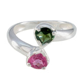 Nisa silver multicolor toi et moi ring with heart shaped green and pink gemstones in crossover design