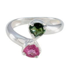 Nisa silver multicolor toi et moi ring with heart shaped green and pink gemstones in crossover design