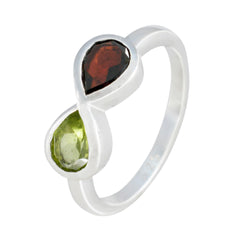 Violet multicolor Toi et Moi ring silver band with pear shaped green and red gemstones