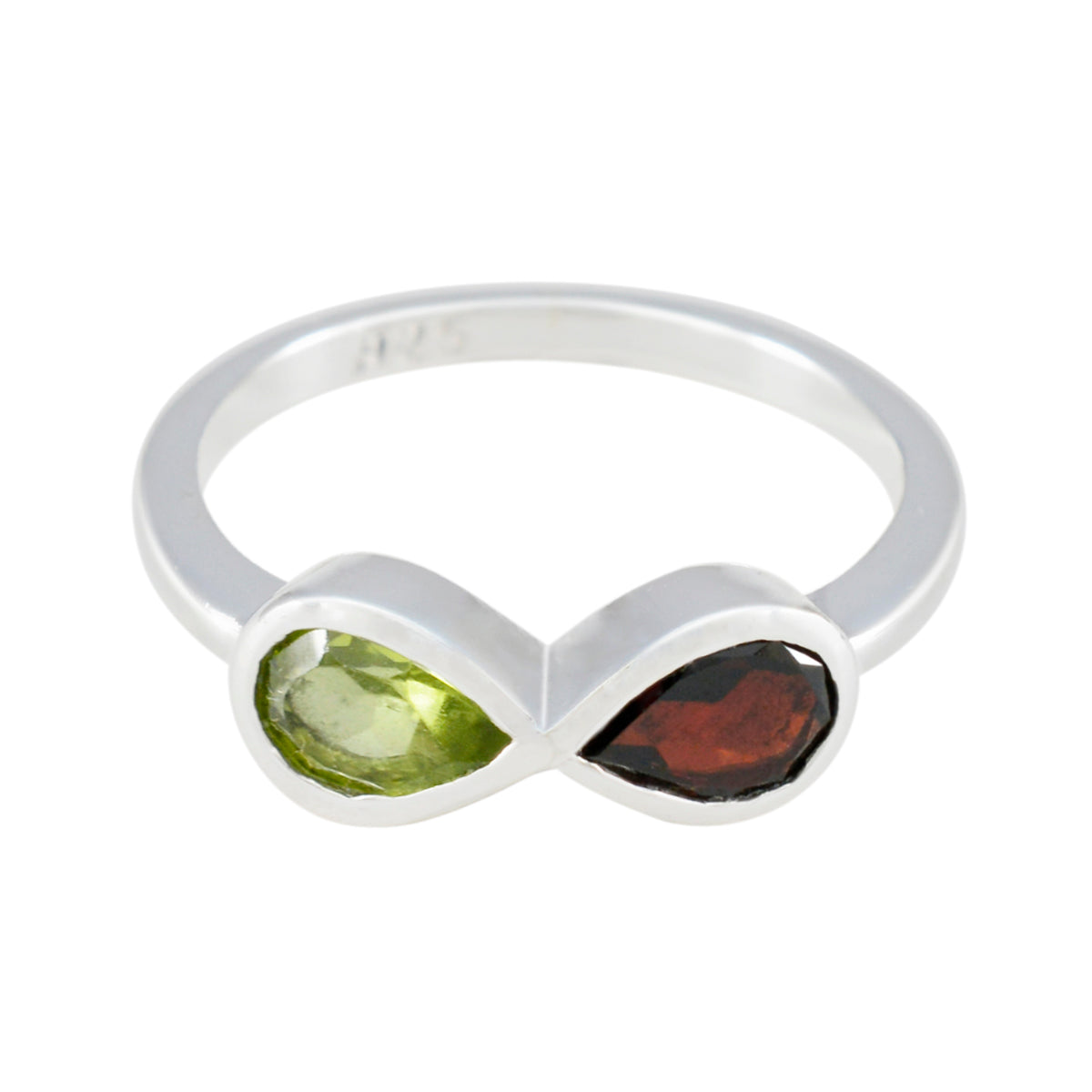 Violet sterling silver multicolor Toi et Moi ring with pear shaped peridot and garnet stones on delicate band