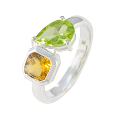 Olivia sterling silver multicolor Toi et Moi ring with pear peridot and square citrine stones