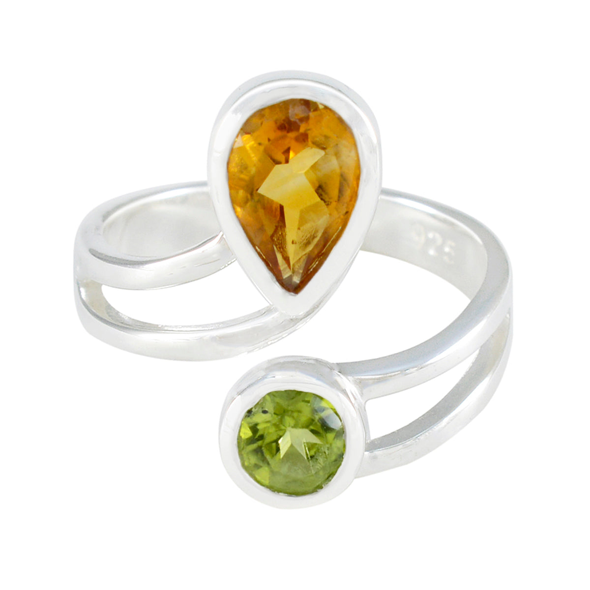 Isabella multicolor toi et moi ring with pear-shaped amber and round green gemstones set in sterling silver