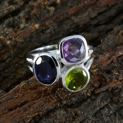 Dayana sterling silver multicolor trilogy cocktail ring with cushion amethyst peridot and iolite gemstones