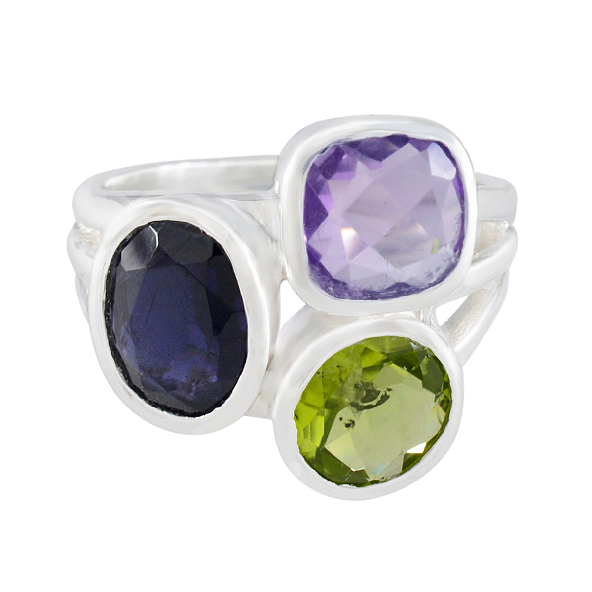Dayana multicolor trilogy cocktail ring in sterling silver with amethyst purple peridot green and deep blue stones