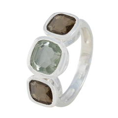 Riya sterling silver ring with cushion cut light green center and two smoky brown stones multicolor trilogy gemstone ring