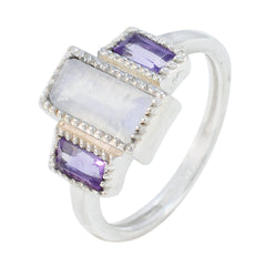 Natcha multicolor trilogy gemstone ring with rectangular moonstone and two purple gemstones on silver band