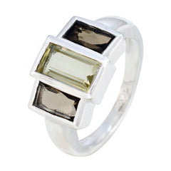 Emilia silver band multicolor trilogy gemstone ring with three rectangular stones in green and smoky tones