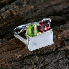 Mathilde multicolor trilogy gemstone ring with green, red, and white rectangular stones on silver band